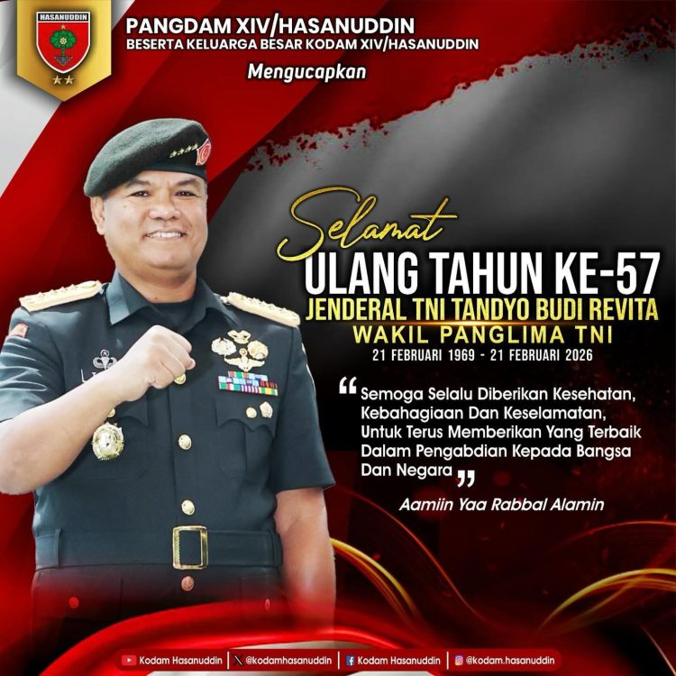 Pangdam XIV/Hasanuddin: Selamat Ulang Tahun ke-57 Jenderal TNI Tandyo Budi Revita