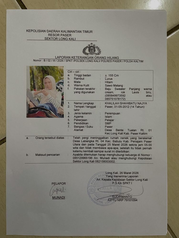 Polsek Long Kali Cari Anak Perempuan yang Dilaporkan Hilang